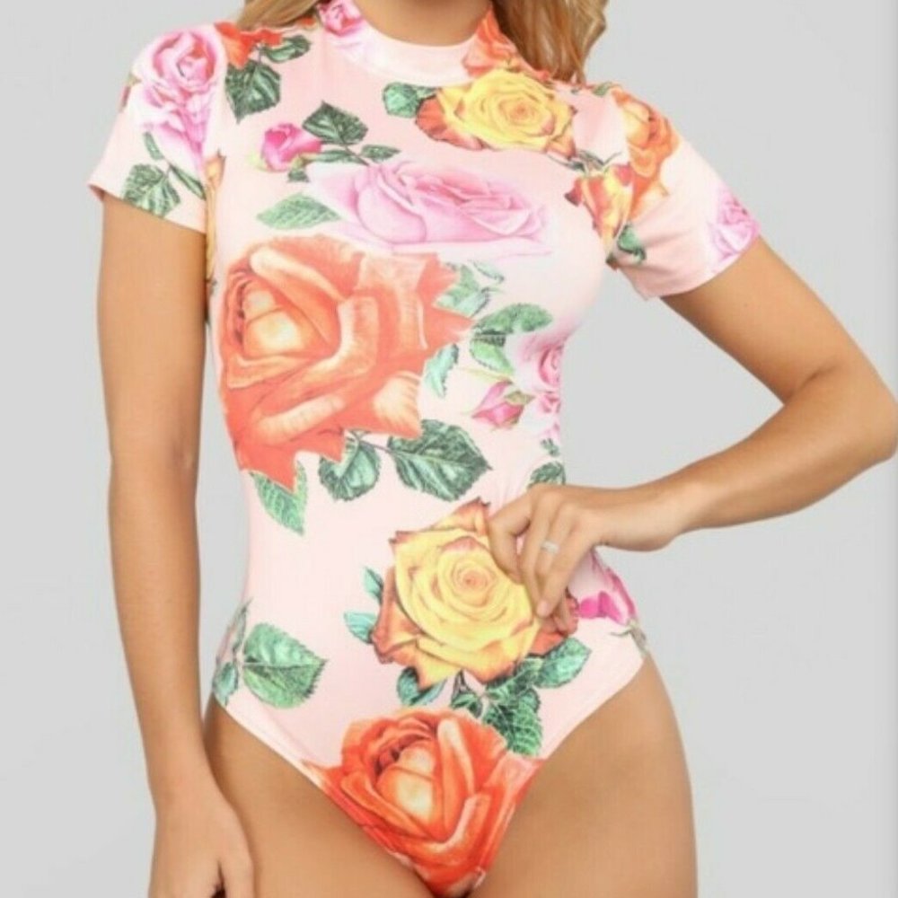 Fashion Nova Pink Floral Bodysuit Fitted Medium - Picture 1 of 10